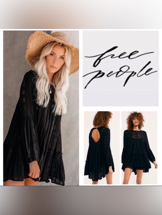 Free People Tops - Free People Kiss Kiss Black Embroidered Lace Tunic,Size-Large